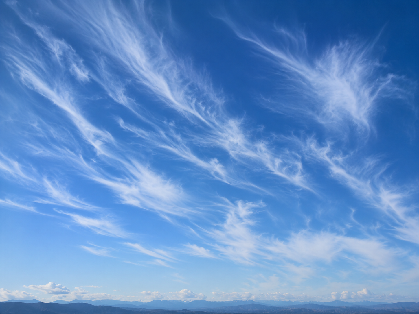Cirrus clouds: Delicate, feathery wisps streaked across a high blue sky.